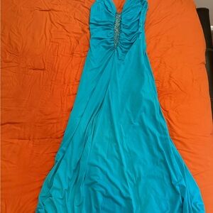 May Queen Teal Strapless Evening Gown with Beaded Center